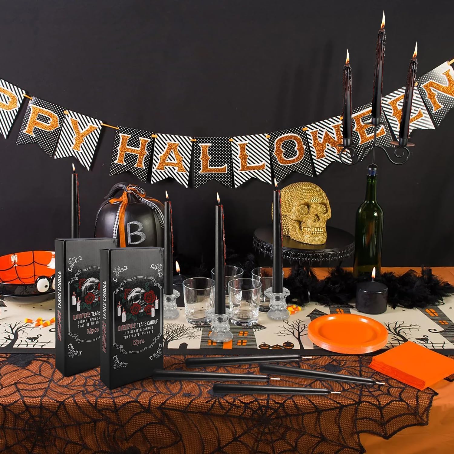 12PCS 10-Inch Black Bleeding Taper Candles,Vampire Tears Taper Candles- Unscented Ideal for Halloween, Christmas, Rituals, and T